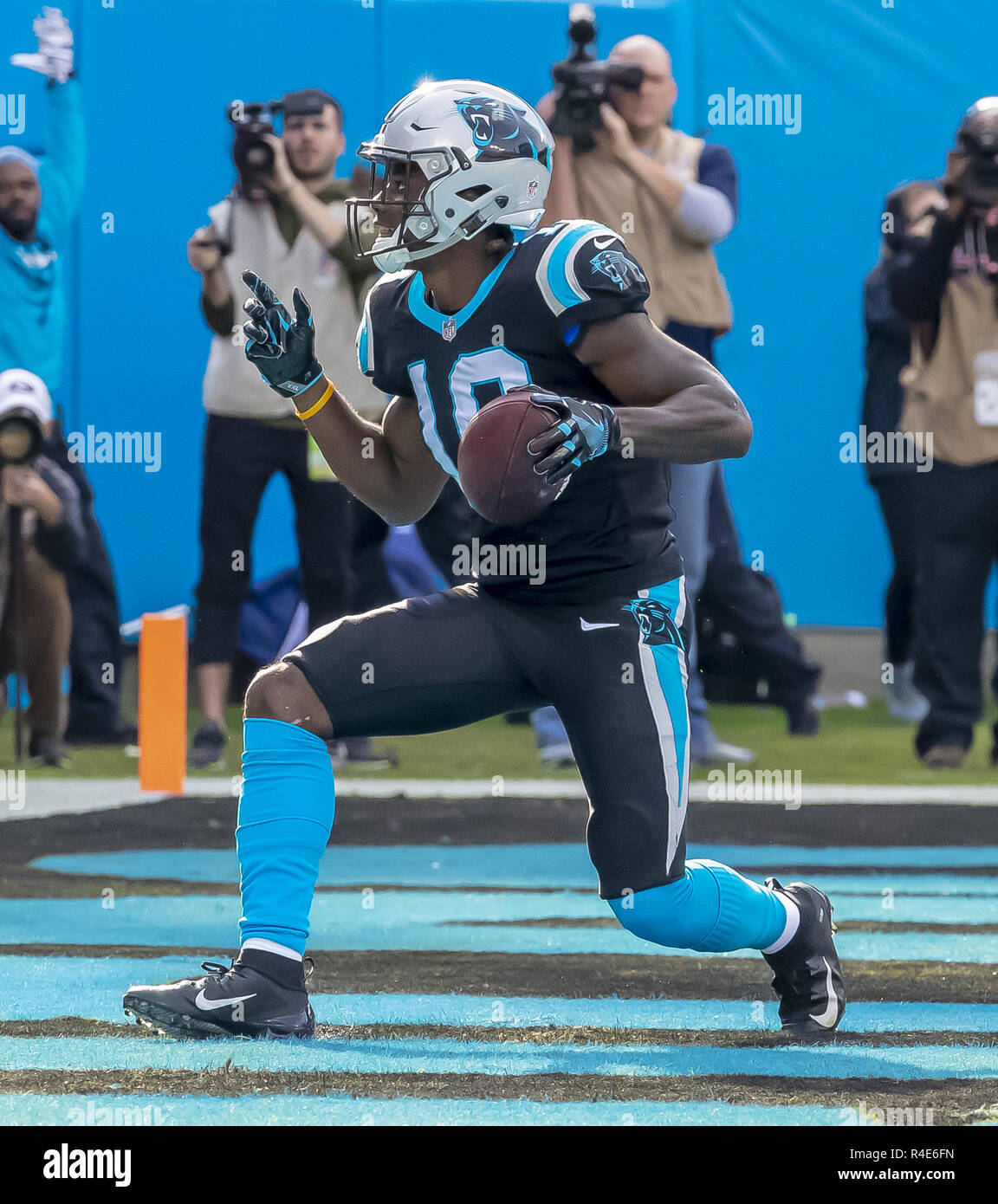 November 25, 2018 - Charlotte, North Carolina, U.S. - November 25, 2018 - Curtis SAMUEL (10) celebrates after making a touchdown against the visiting Seattle Seahawks at Bank Of America Stadium in Charlotte, NC.  The Panthers lose to the Seahawks, 30-27. (Credit Image: © Walter G Arce Sr Asp Inc/ASP) Stock Photo