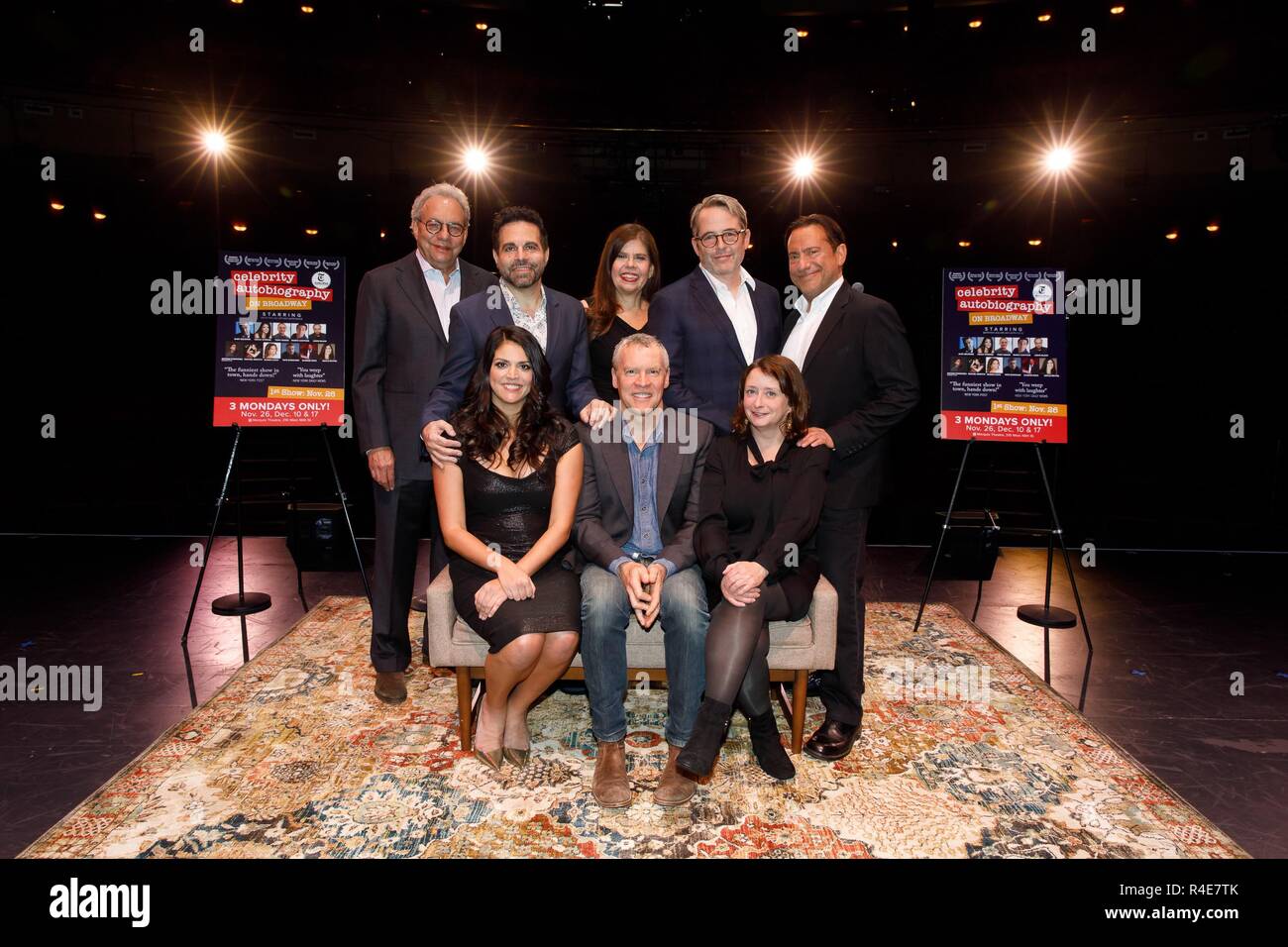 New York, NY, USA. 26th Nov, 2018. (Front row L-R), Cecily Strong, Tate Donovan, Rachel Dratch, (Back row L-R), Lewis Black, Mario Cantone, Dayle Rayfel, Matthew Broderick, Eugene Pack Photo Call for CELEBRITY AUTOBIOGRAPHY Photo Op, Marquis Theatre, New York, NY November 26, 2018. Credit: Jason Smith/Everett Collection/Alamy Live News Stock Photo