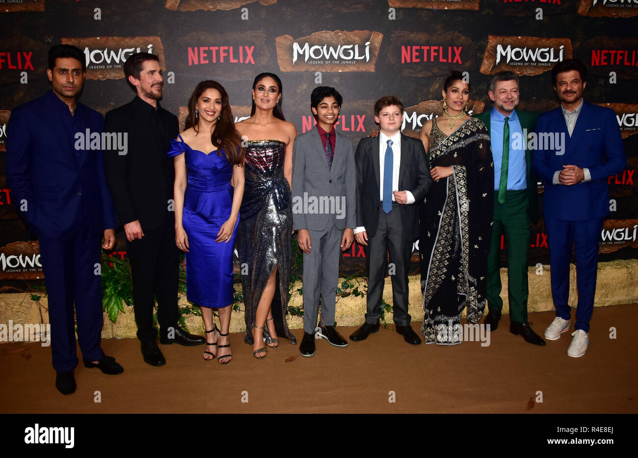L-R: Actors Abhishek Bachchan, Christian Bale, Madhuri Dixit, Kareena Kapoor,  Rohan Chand, Louis Serkis, Freida Pinto, Andy Serkis and Anil Kapoor are seen on the red carpet during the world premier of Netflix's 'Mowgli; Legend Of The Jungle at the YRF Studio in Mumbai. Netflix's 'Mowgli, Legend of the Jungle' was slated to be released on 7th December, 2018. Stock Photo