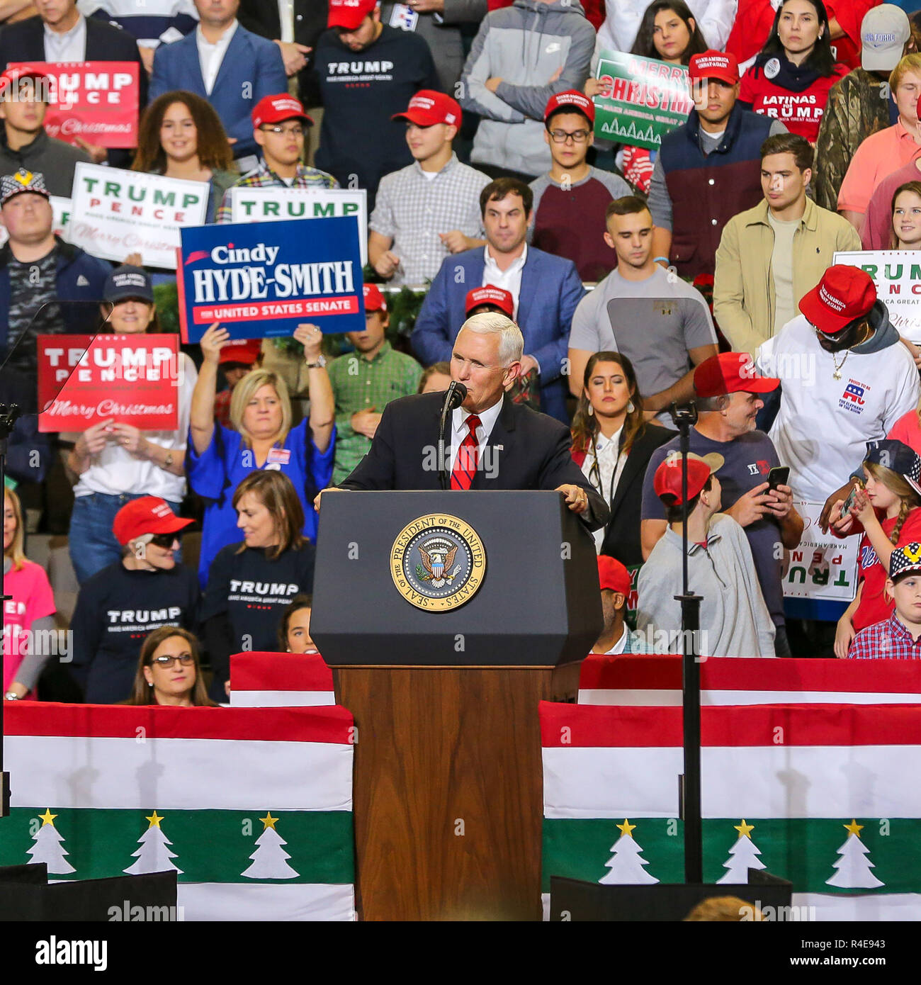 Biloxi, Mississippi, USA. 26th Nov 2018. U.S Vice President Mike Pence speaks at a rally Biloxi Mississippi and spoke before introducing U.S. President Donald Trump.  The President and Vice President  both spoke and showing their support for  GOP Sen. Cindy Hyde-Smith who is in a run-off with Democrat Mike Espy. Pence was also to participate in the round table First Step Act which a bipartisan criminal justice legislation. Credit: Tom Pumphret/Alamy Live News Stock Photo