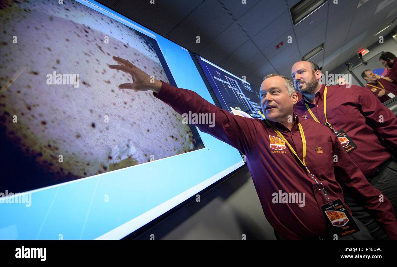 Tom Hoffman, InSight Project Manager, NASA JPL reacts to the first image to be seen from the Mars InSight lander shortly after confirmation of a successful touch down on the surface of Mars November 26, 2018 inside the Mission Support Area of the Jet Propulsion Laboratory in Pasadena, California. InSight, short for Interior Exploration using Seismic Investigations, Geodesy and Heat Transport, is a Mars lander designed to study the inner space of Mars. Stock Photo