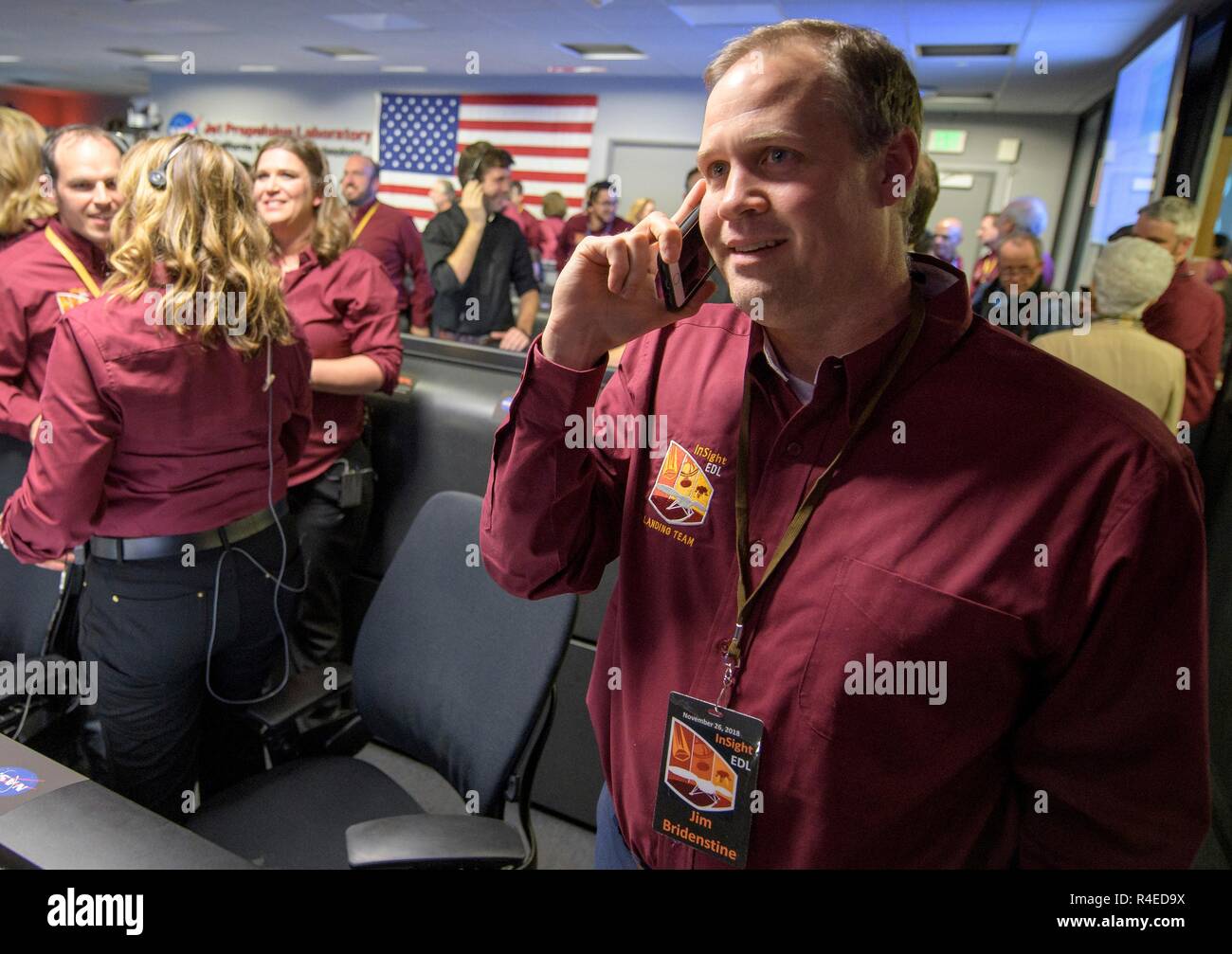 NASA Administrator Jim Bridenstine receives a congratulatory call from Vice President Mike Pence after receiving confirmation that the Mars InSight lander successfully touched down on the surface of Mars November 26, 2018 inside the Mission Support Area of the Jet Propulsion Laboratory in Pasadena, California. InSight, short for Interior Exploration using Seismic Investigations, Geodesy and Heat Transport, is a Mars lander designed to study the inner space of Mars. Stock Photo