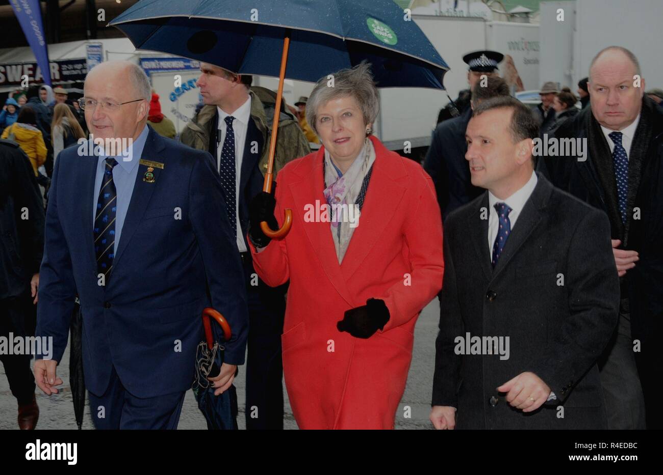 Llanelwedd, Builth Well, Wales, UK, 27th November 2018 UK Prime Minister Theresa May is shown around the Royal Welsh Winter Fair by dignatories at Llanelwedd, Builth Wells, Powys, Wales. UK Credit: Andrew Compton/Alamy Live News Stock Photo