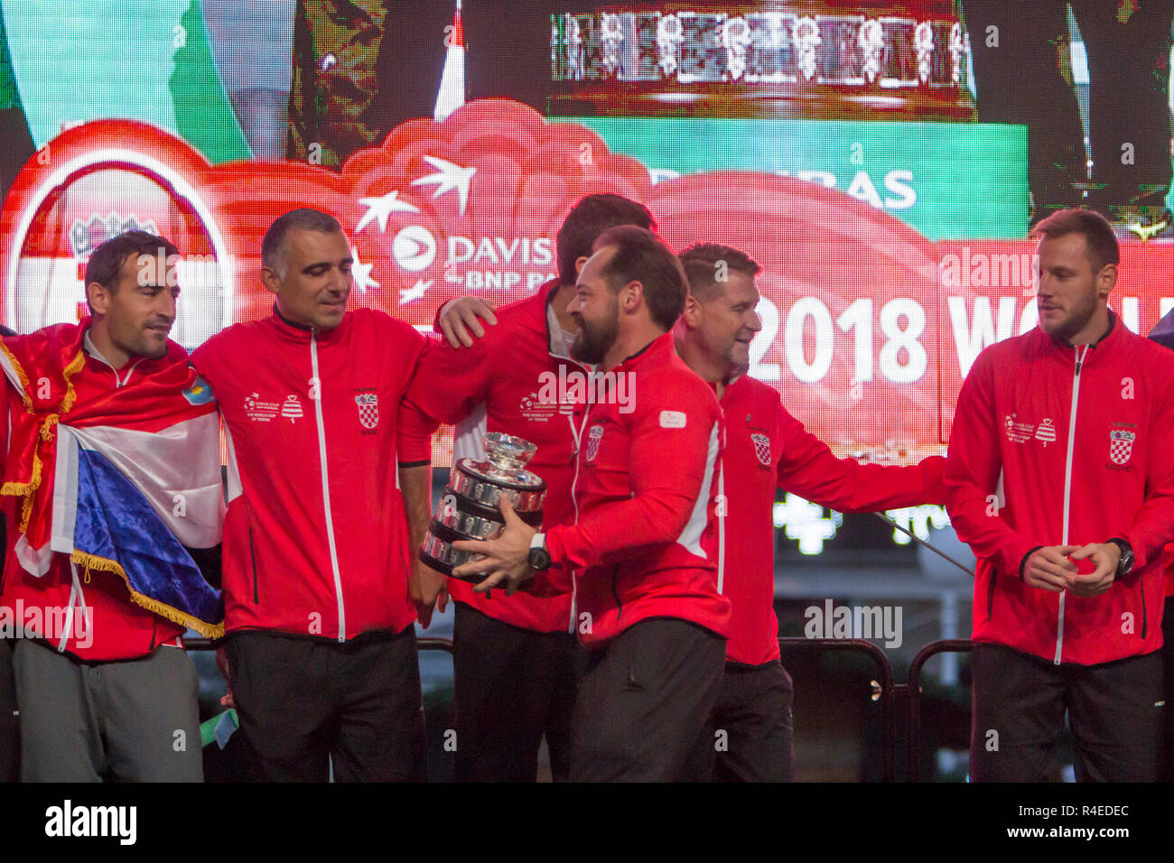 Zagreb, Croatia. 26th Nov 2018. Croatian tennis Team after winning Davis Cup 2018 in Lille, France, on welcome home celebration on Ban Jelacic Square in Zagreb, Croatia. Credit: Ivan Smuk/Alamy Live News Stock Photo