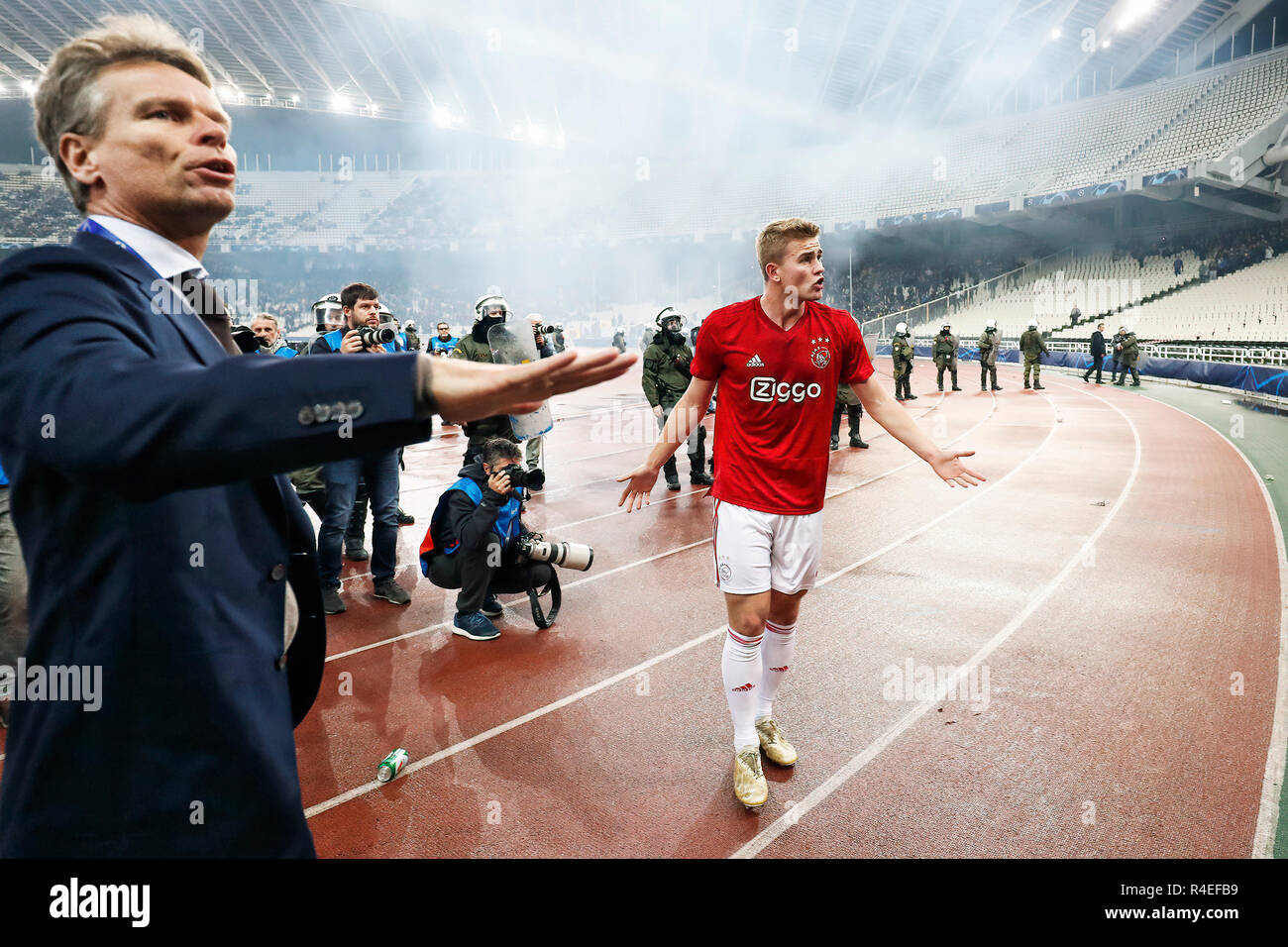 Athens, Greece. 27th November, 2018. ATHENS, Olympic Stadium, AEK Athens FC  - Ajax , football, Champions League, season 2018-2019, 27-11-2018, Ajax  player Matthijs de Ligt with supporters before the game AEK Athens -