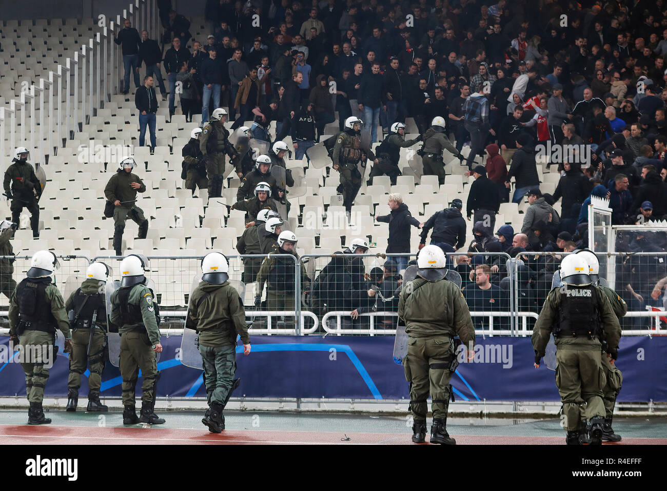Athens, Greece. 27th November, 2018. ATHENS, Olympic Stadium, AEK Athens FC  - Ajax , football, Champions League, season 2018-2019, 27-11-2018,  Supporters of Ajax fighting on the stands before the game AEK Athens -