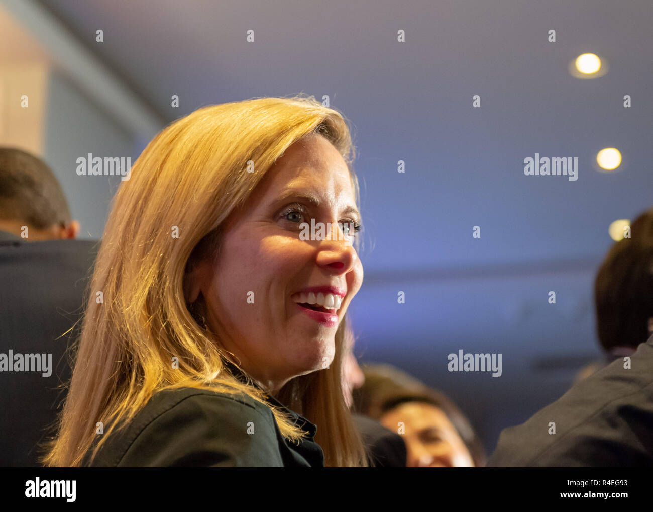 November 6, 2018 - Garden City, New York, United States - Town Supervisor LAURA GILLEN joins candidates and elected officials on stage as Nassau County Democrats watch Election Day results at Garden City Hotel, Long Island. (Credit Image: © Ann Parry/ZUMA Wire) Stock Photo