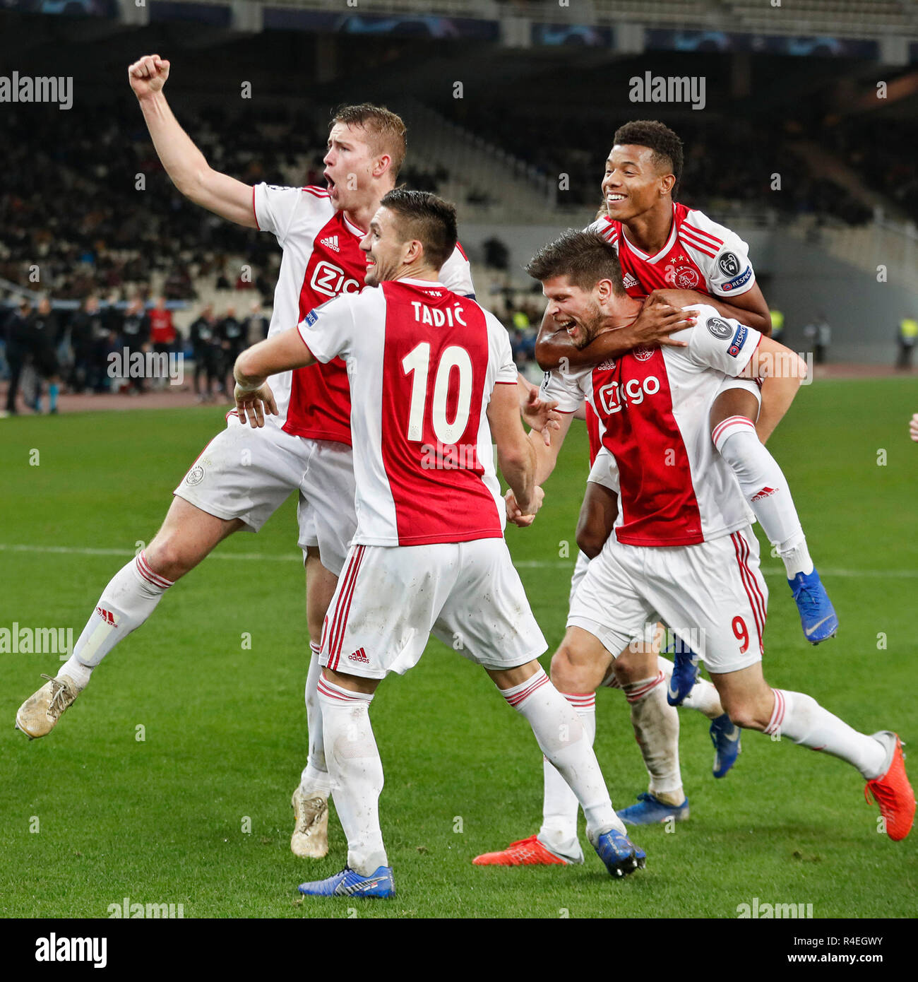 Athens, Greece. 27th November, 2018. ATHENS, Olympic Stadium, AEK Athens FC  - Ajax , football, Champions League, season 2018-2019, 27-11-2018, Ajax  celebrating the victory after the game the game AEK Athens -