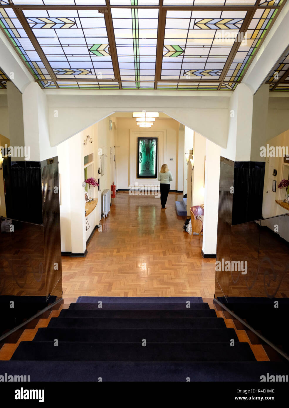 Stairway, entrance hall and foyer at Burgh Island Hotel, Bigbury on Sea. Stock Photo