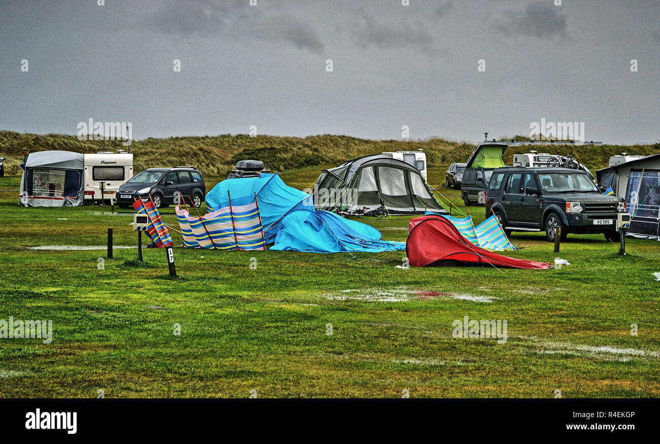 Tents flattened after a violent storm at Grannie's Heilan' Hame Holiday Park, Dornoch, Scotland, Parkdean Resorts. The scene in the morning. Stock Photo