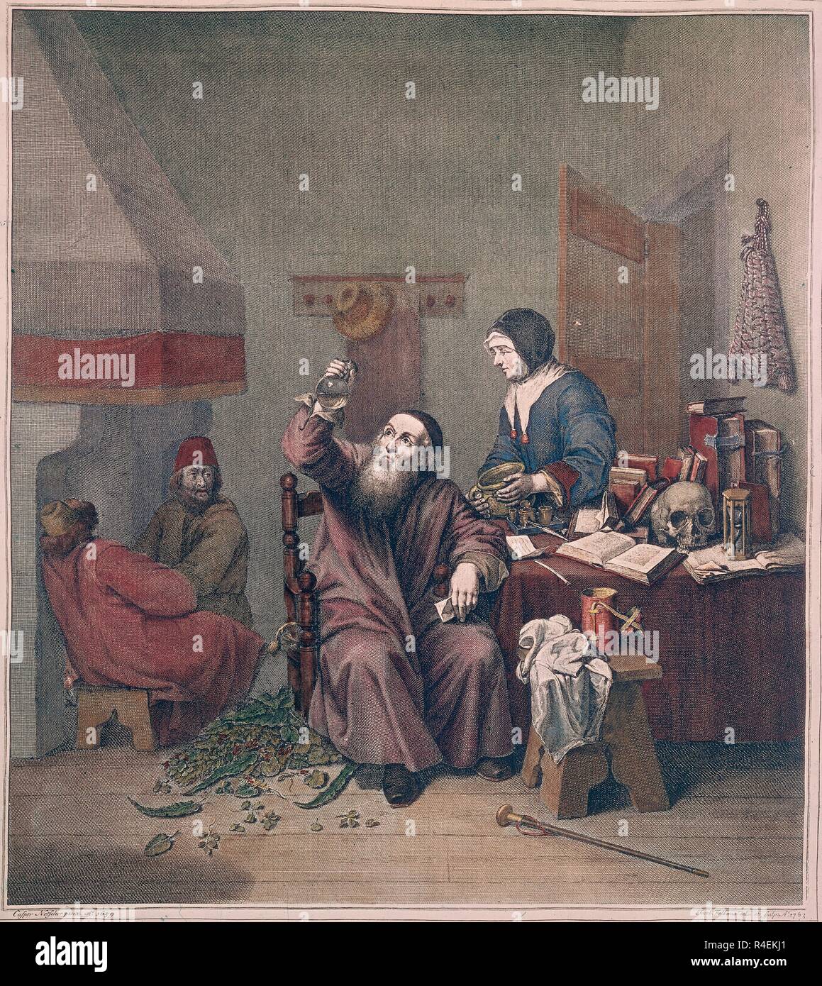 ENGRAVING BY JACOB FELKEMA IN 1763 - PHYSICIANS IN HIS LABORATORY - PAINTED 1659. Author: NETSCHER CASPER. Location: PRIVATE COLLECTION. France.