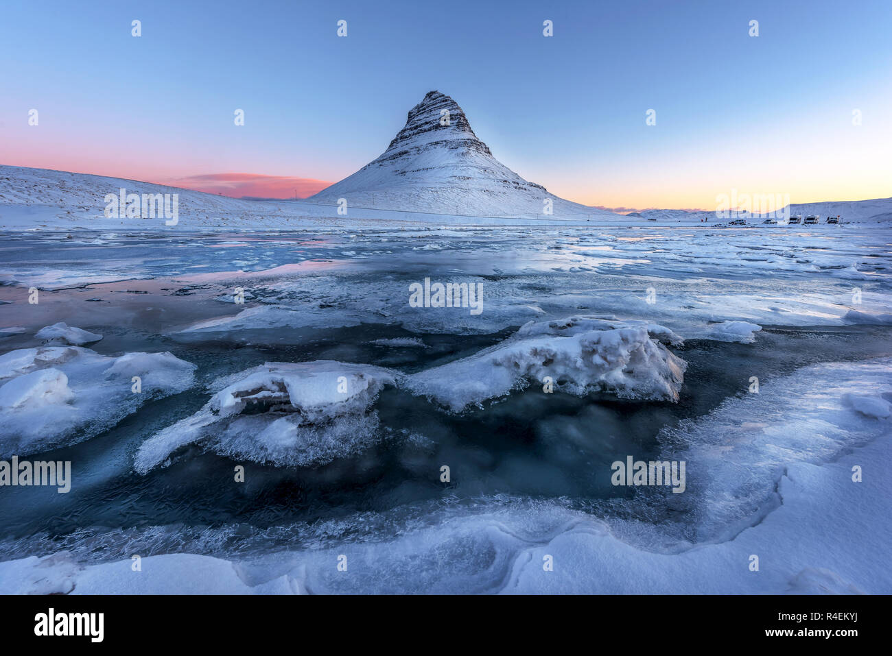 Kirkjufell mountain at sunset, Snaefellsnes peninsula, Iceland Stock Photo