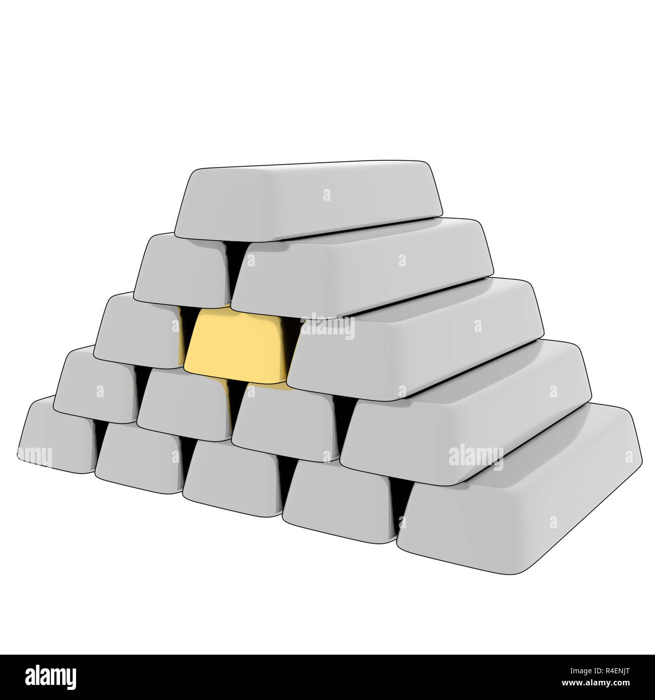 a 3d render of a stack of silver bars with a single gold bar. Stock Photo