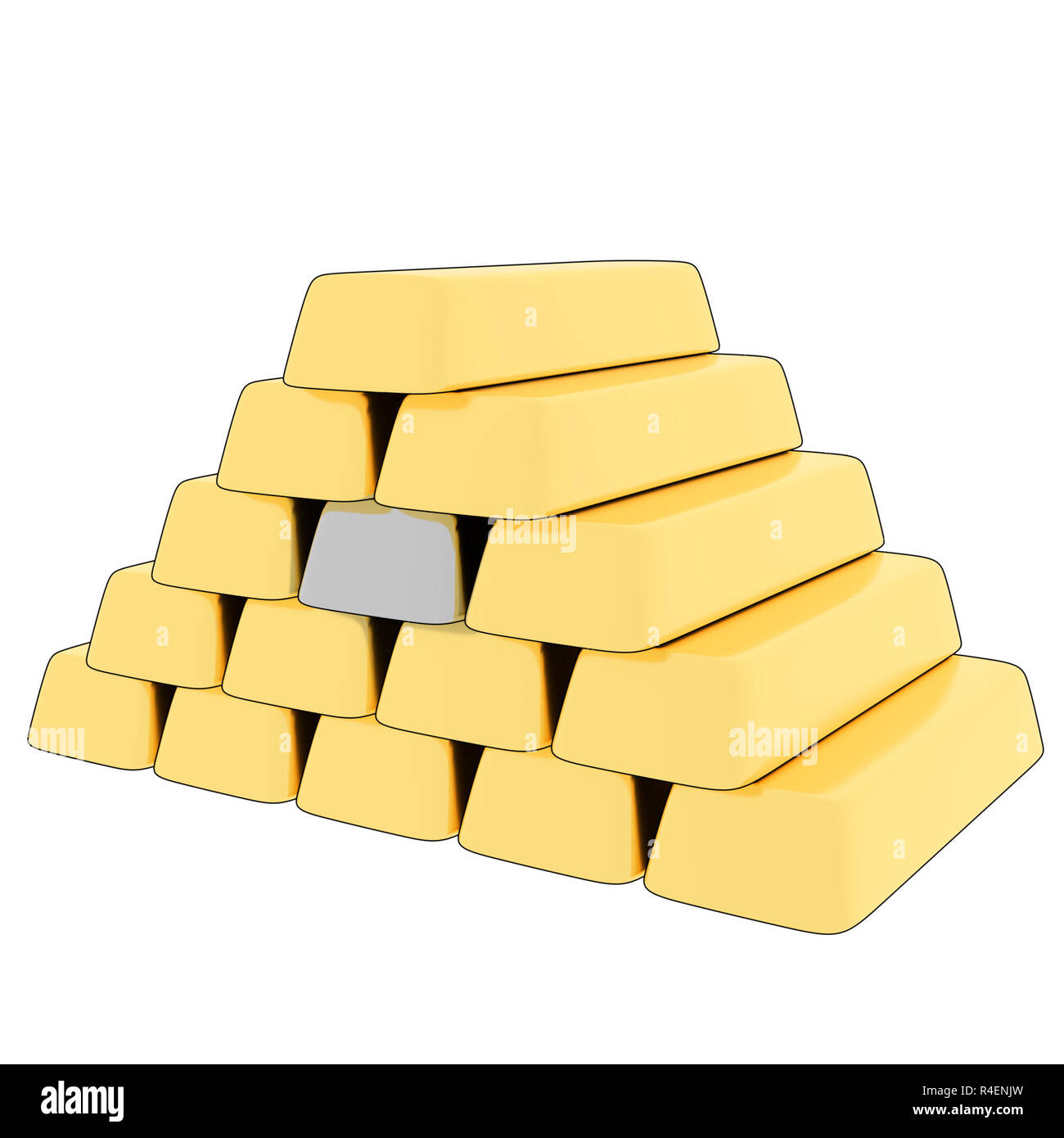a 3d render of a stack of gold bars with a single silver bar. Stock Photo