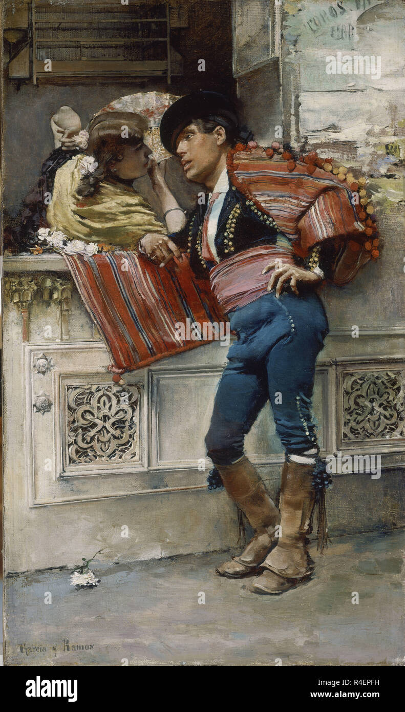 'Courtship', 19th century, Oil on canvas, 46 x 28 cm. Author: GARCIA RAMOS, JOSE. Location: PRIVATE COLLECTION. Stock Photo