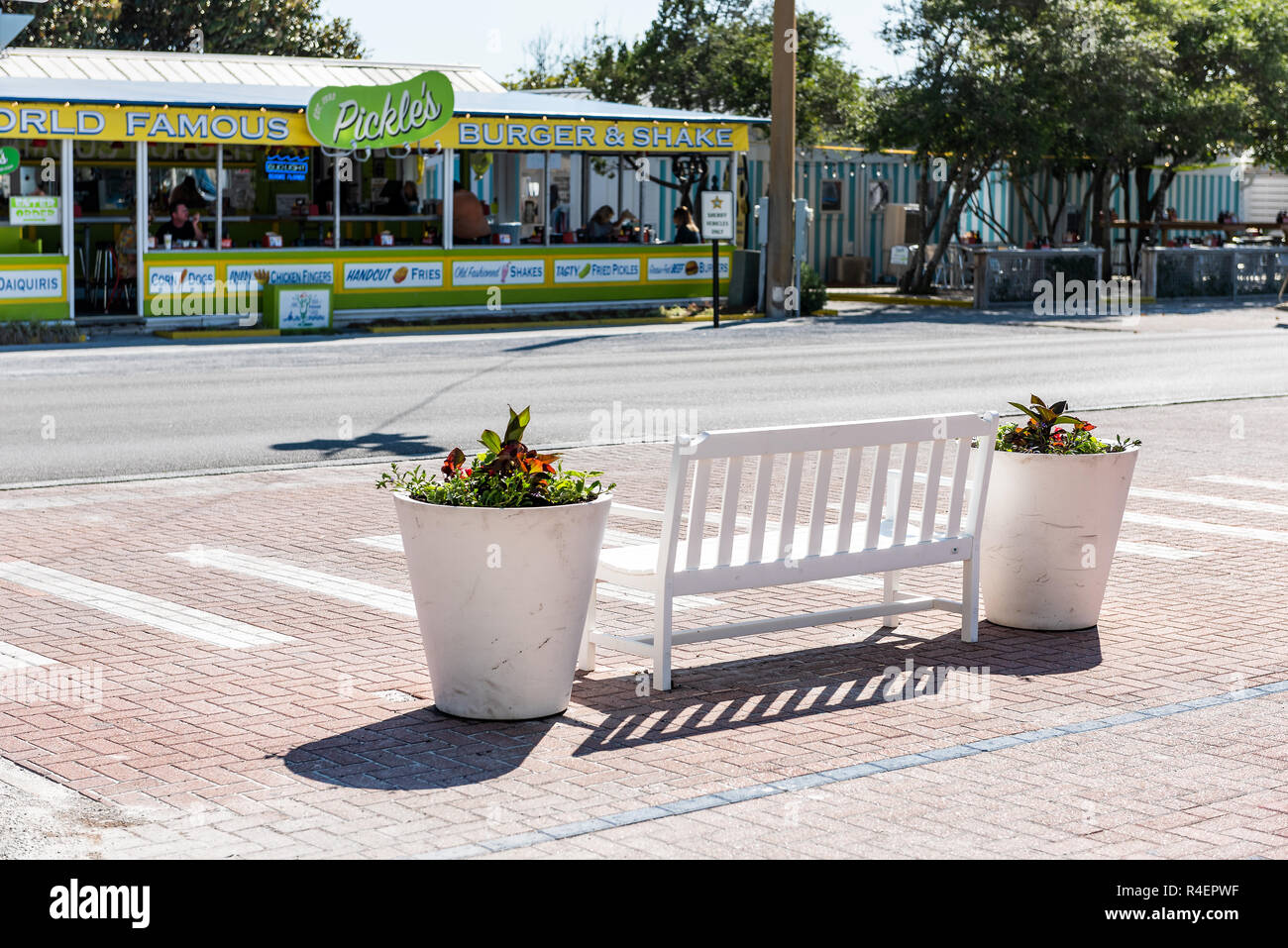 Seaside, USA April 25, 2018 Restaurant sign for Pickle's burgers and