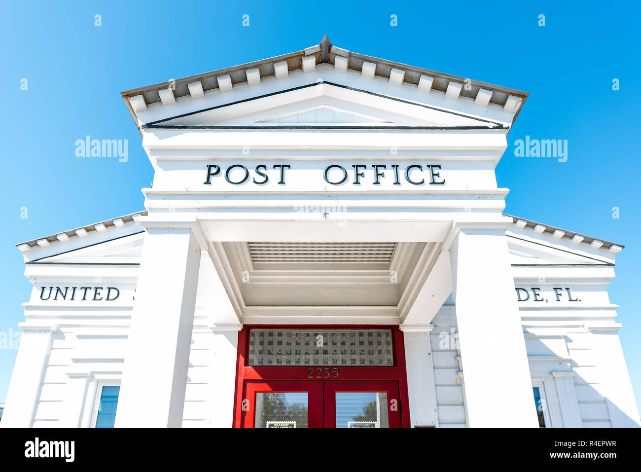 Seaside, USA April 25, 2018 USPS Post Office sign in historic city