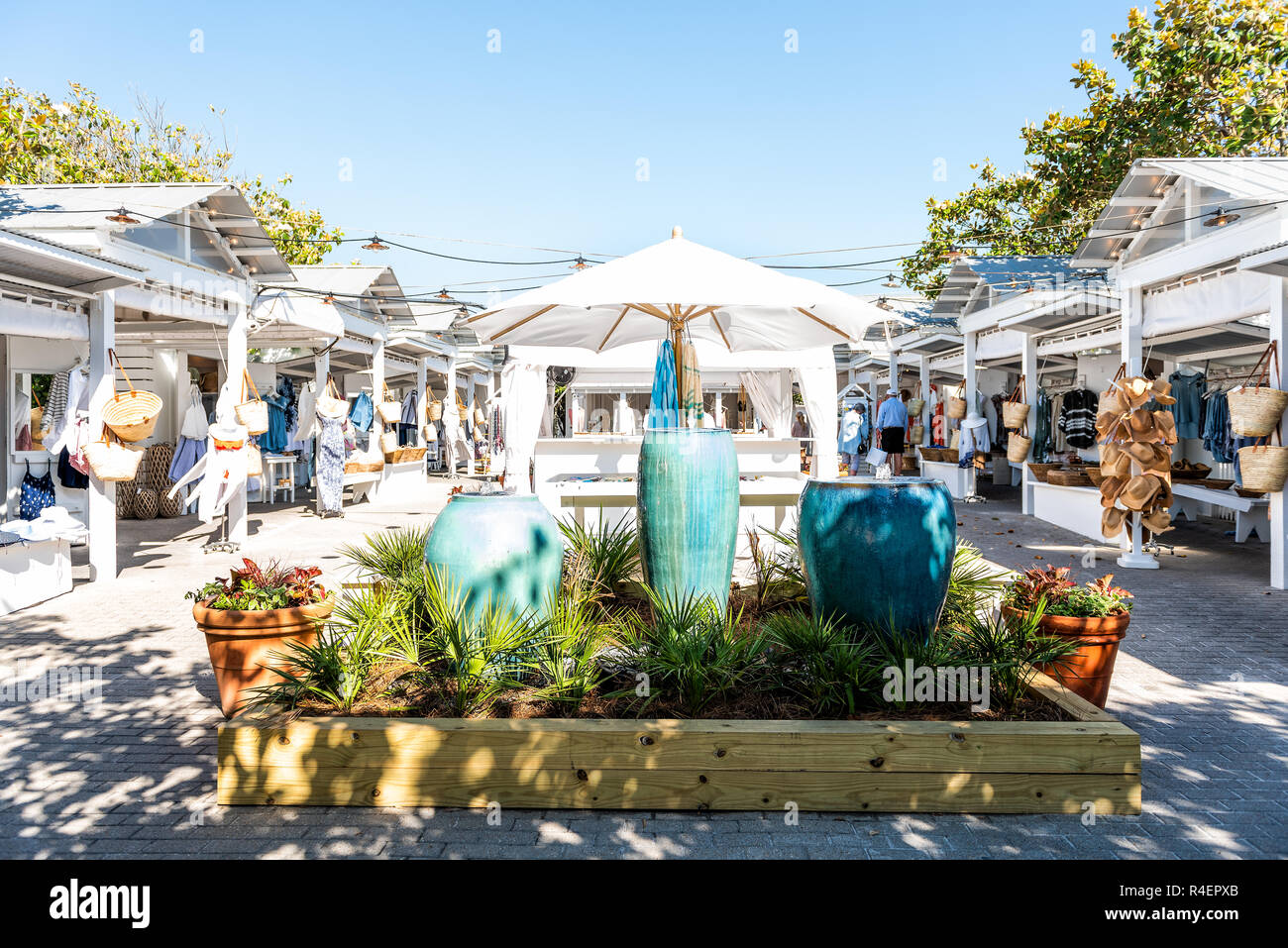 Seaside, USA - April 25, 2018: Shopping mall, outdoor market park square center in historic city town beach village during sunny day in Florida panhan Stock Photo