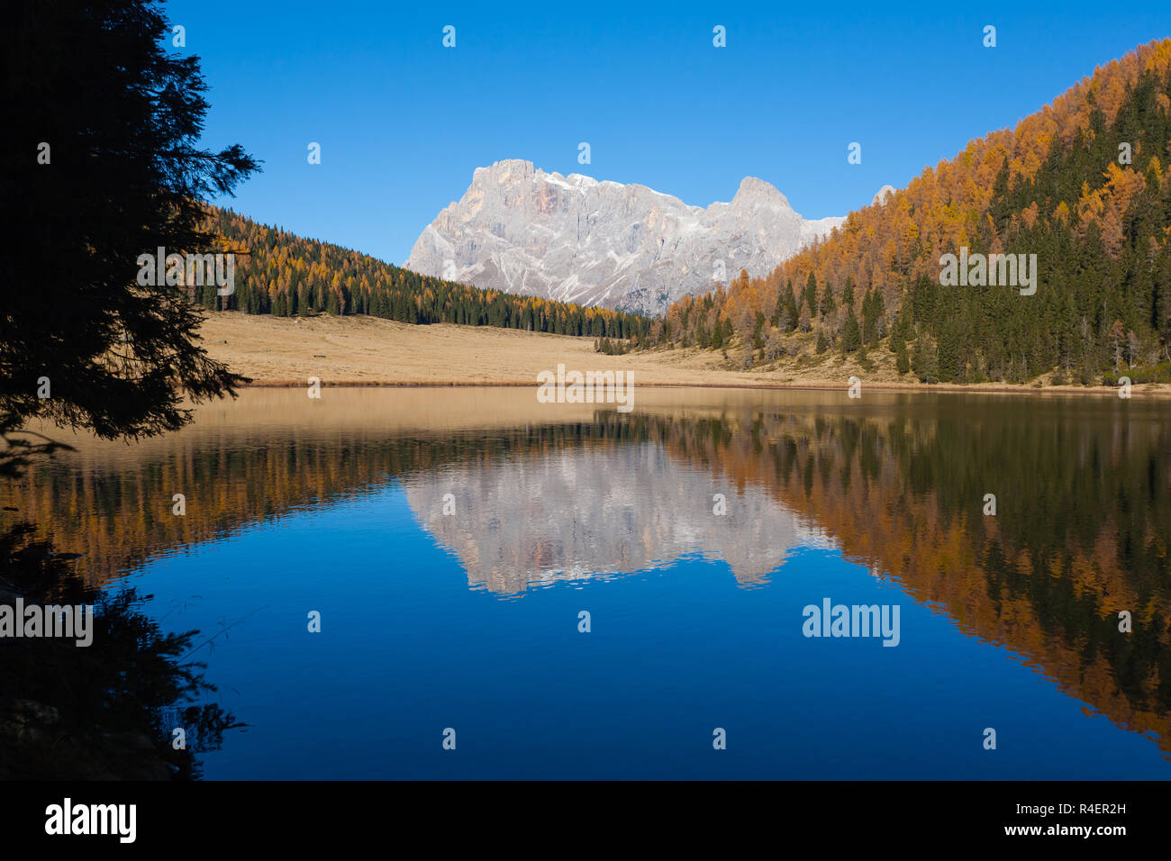 Reflections on water, autumn panorama from mountain lake Stock Photo