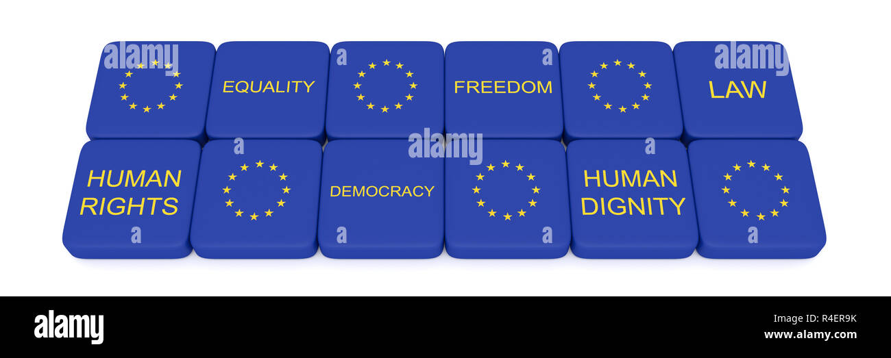 Values of the European Union on Scrabble pieces, 3d illustration Stock Photo