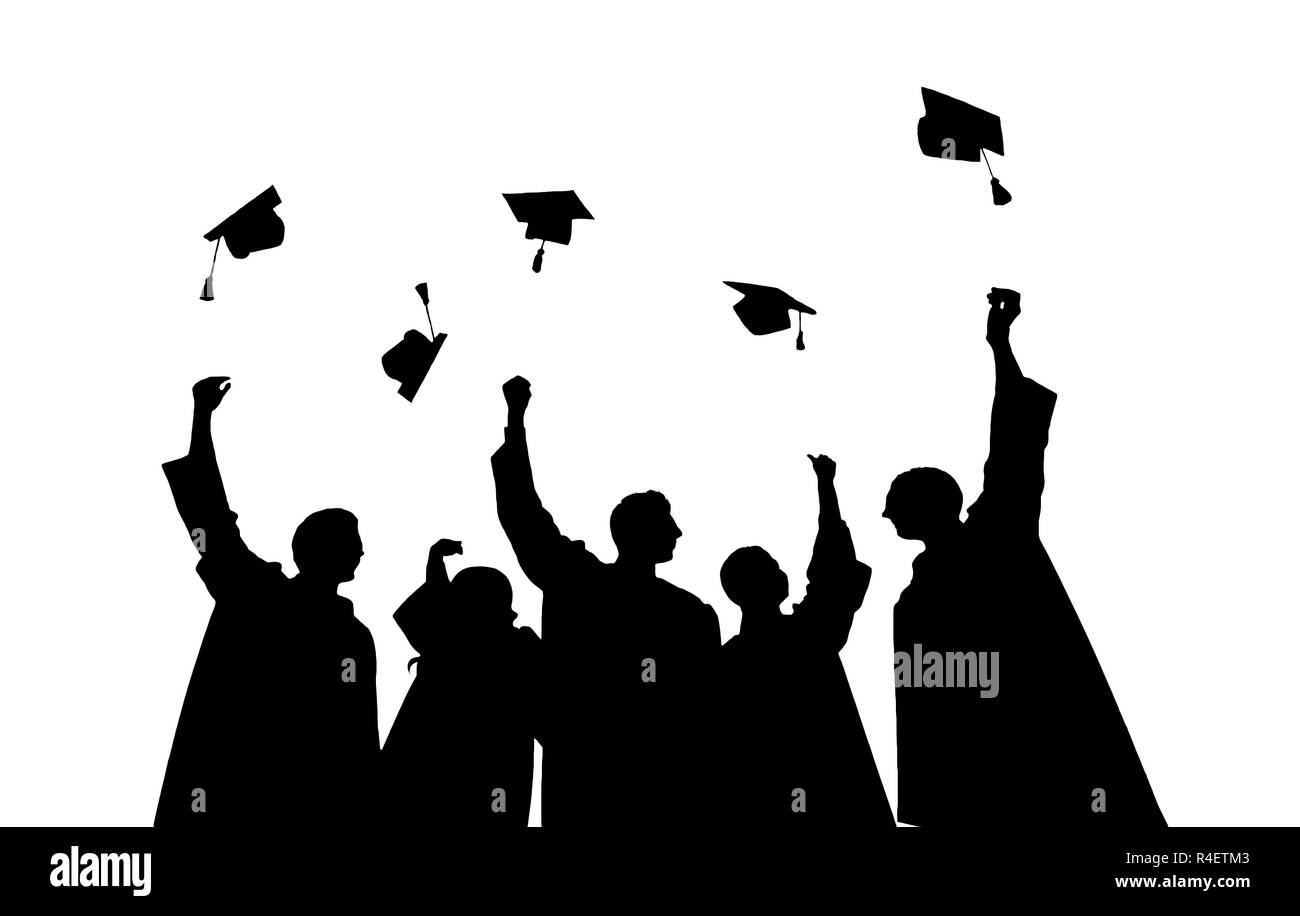 silhouettes of students throwing mortarboards Stock Photo