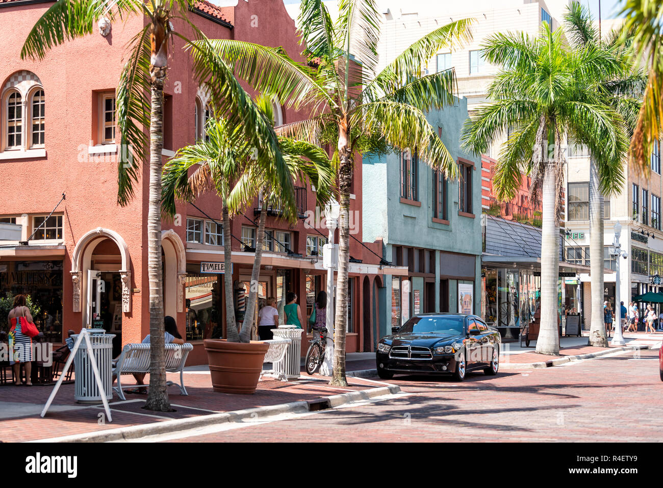 Fort Myers, USA - April 29, 2018: City town street during sunny day in Florida gulf of mexico coast, shopping, restaurants Stock Photo