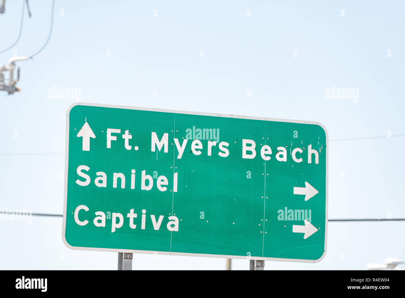 Fort Myers, USA city town street road sign information direction on highway in Florida gulf of mexico coast, with ft meyers beach, sanibel and captiva Stock Photo