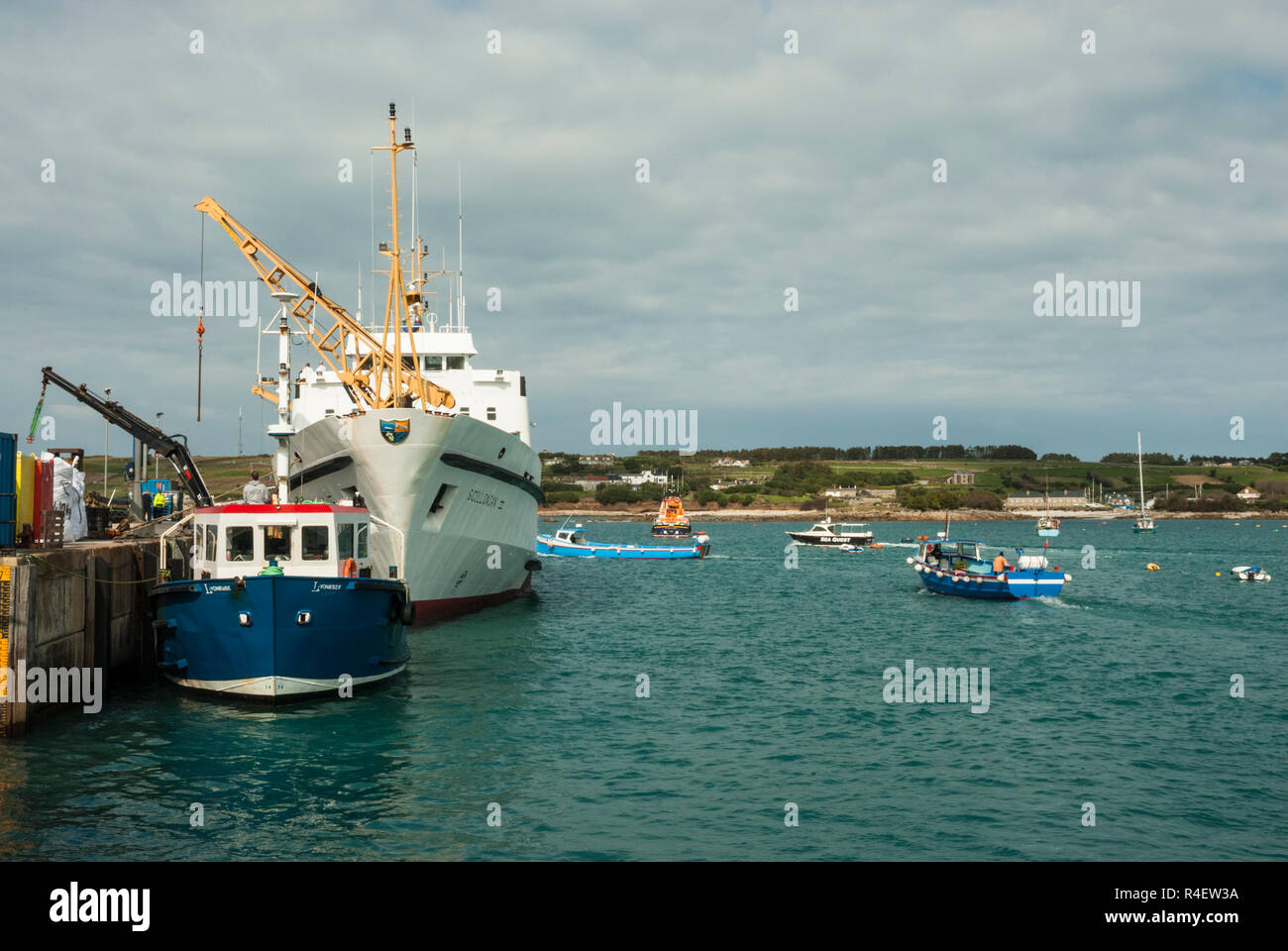 The harbour at Hugh Town, St Marys, Isles of Scilly with the Scillonian