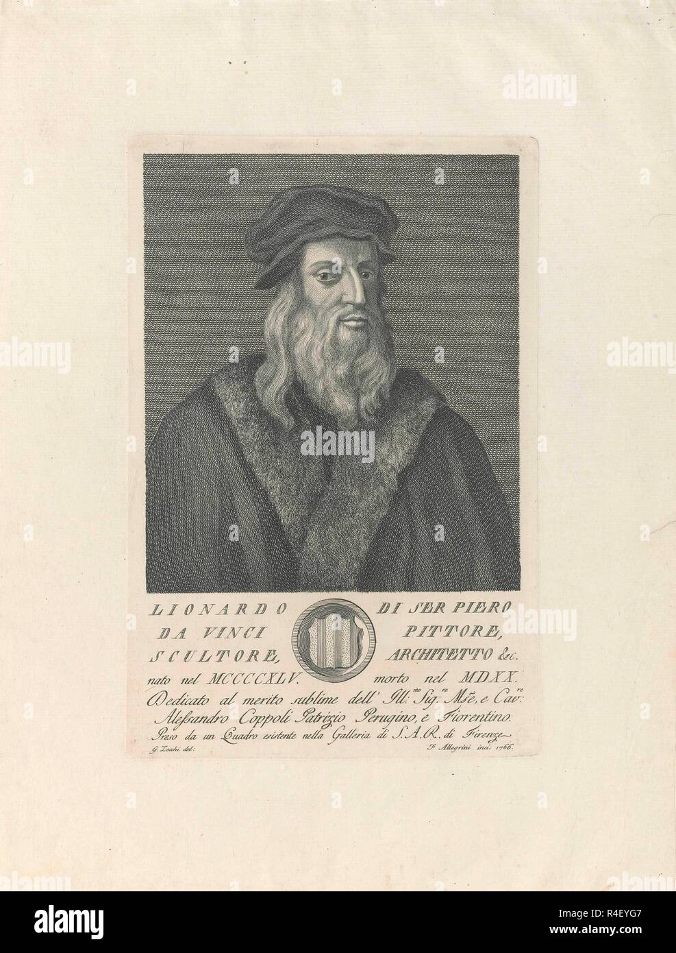 PORTRAIT OF LEONARDO DA VINCI - PAINTED IN THE 17TH CENTURY AND ENGRAVED IN THE 18TH CENTURY. Author: ALLEGRINI, FRANCESCO. Location: PRIVATE COLLECTION. Stock Photo