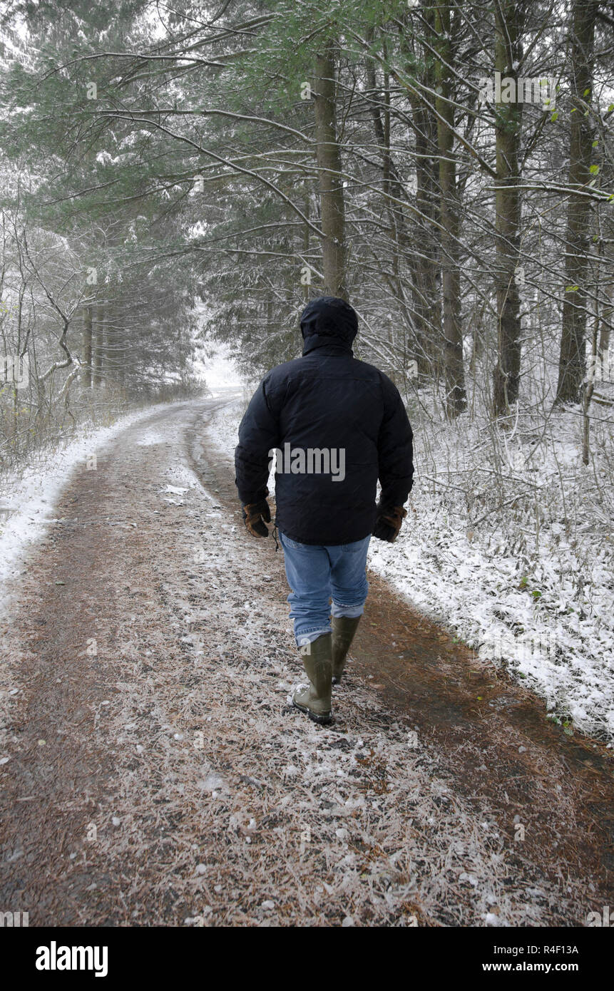One man walking alone down a snowy road path through the woods with his back to the camera Stock Photo