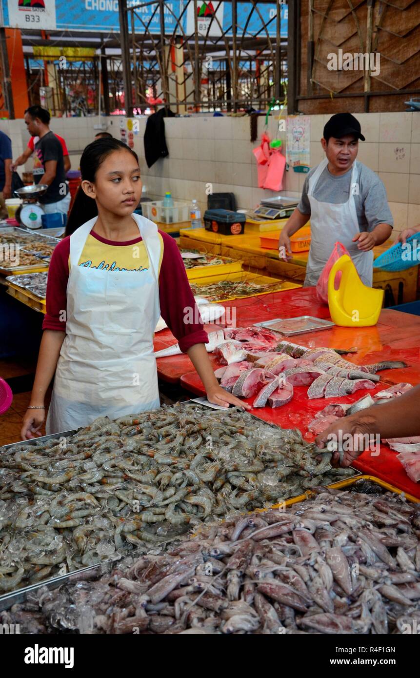 Fresh fish shrimp and prawns on display for sale at Satok Weekend wet