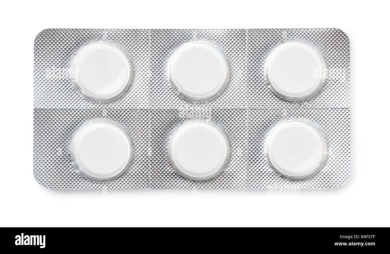 Top view of six tablets in  blister pack isolated on white Stock Photo