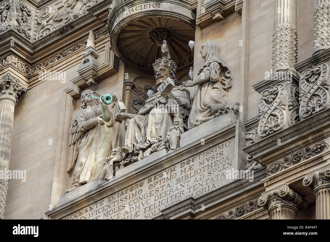 Architectural features within the internal confines in the courtyard of the Old Bodleian Library in the City of Oxford. Stock Photo