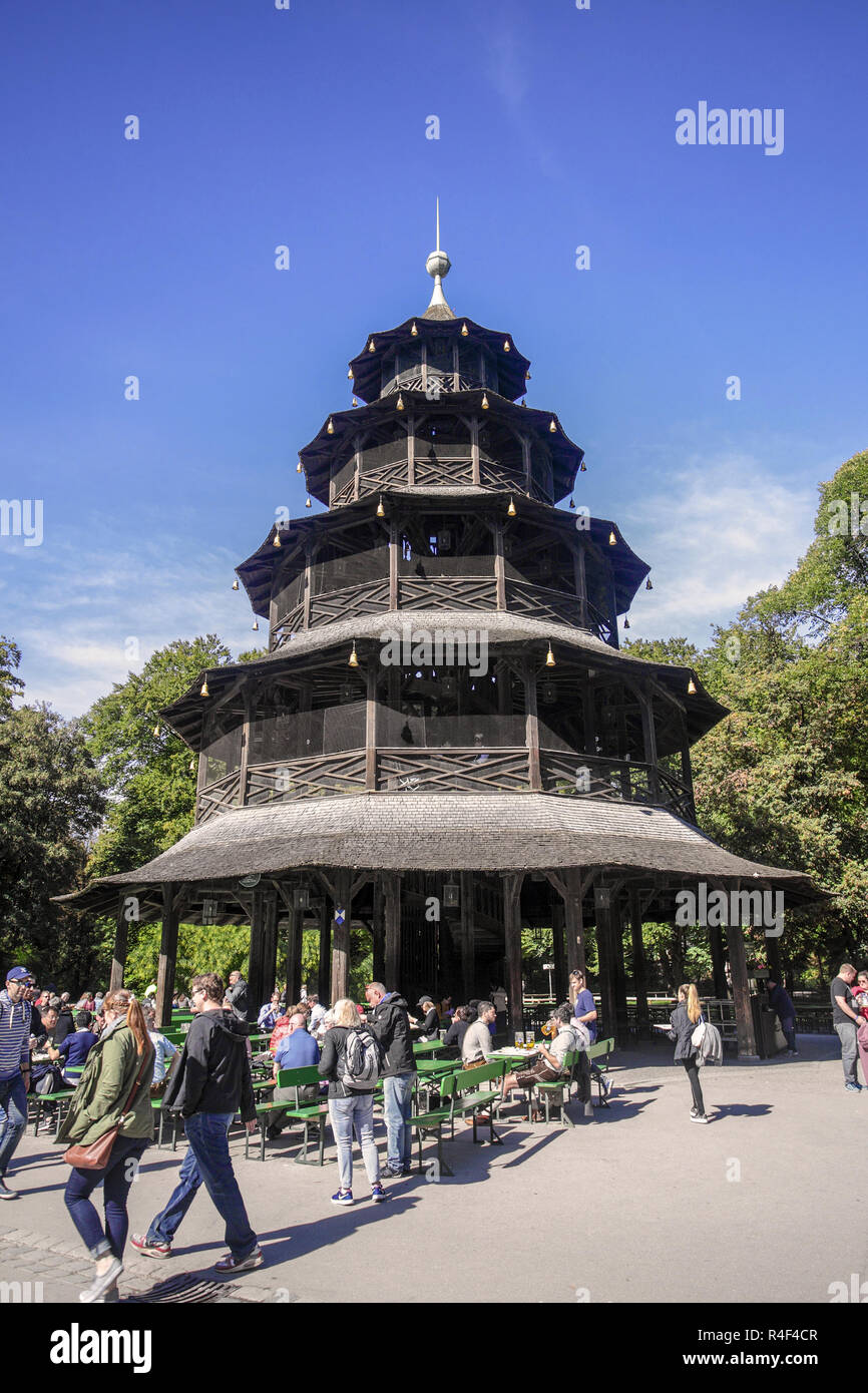 Viewed here on a glorious autumn afternoon is the Chinese Tower, set in the Beer Garden of The English Garden in Munich. Stock Photo