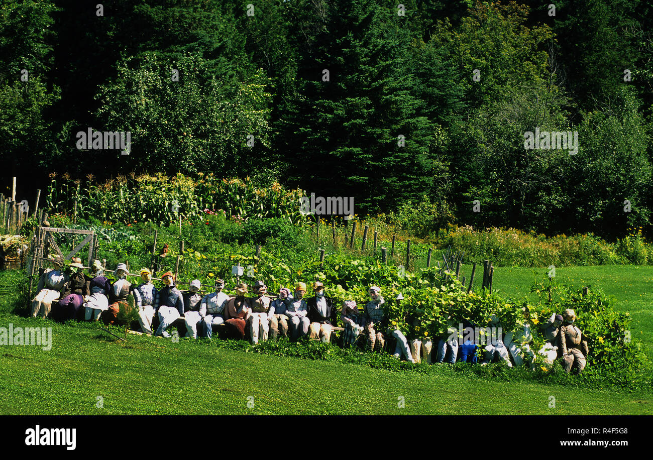 Scarecrows front a garden in northern Maine, USA Stock Photo