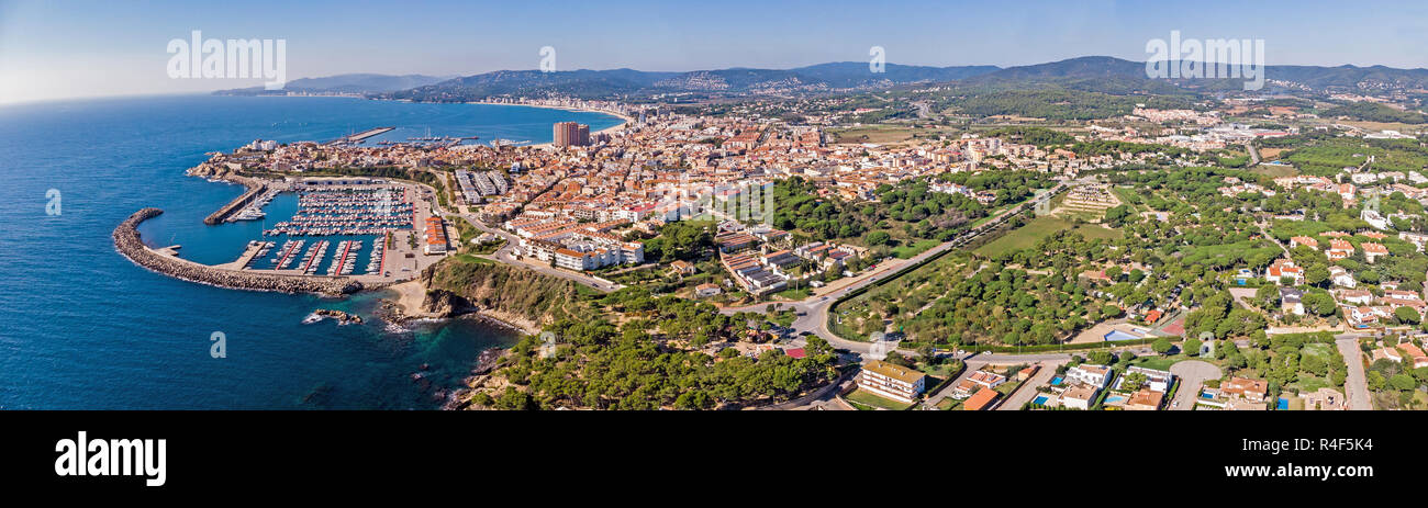 Aerial drone panoramic picture from small town Palamos from Spain, in Costa Brava Stock Photo