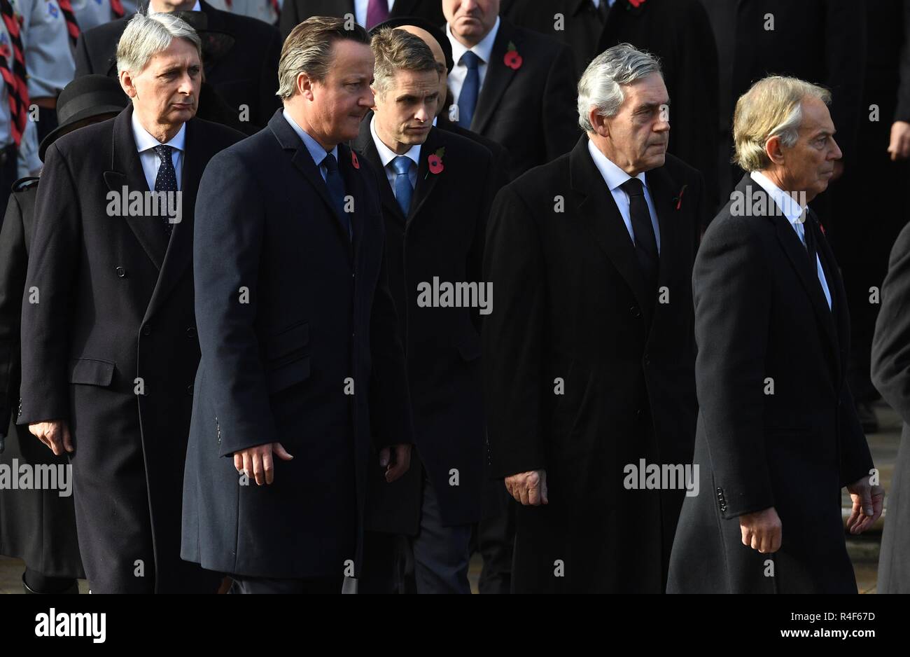 11/11/2018. London, United Kingdom. Remembrance Sunday and the Centenary of the Armistice. Former Prime Ministers David Cameron, Tony Blair and Gordon Brown   join Queen Elizabeth II accompanied by members of the  Royal family including Prince Charles, Prince of Wales and Camilla, The Duchess of Cornwall,  Prince William, Duke of Cambridge and Catherine, The  Duchess of Cambridge,  Prince Harry, The Duke of Sussex and Meghan, The Duchess of Sussex , attend the Remembrance Sunday service at The Cenotaph in central London on  the Centenary of the end of the First World War.  Picture by Andrew Pa Stock Photo