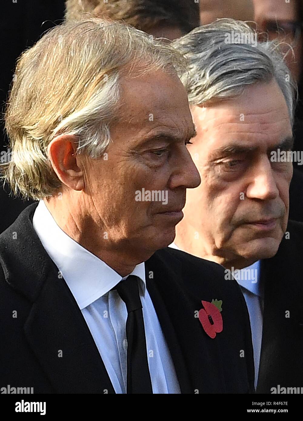 11/11/2018. London, United Kingdom. Remembrance Sunday and the Centenary of the Armistice. Former Prime Ministers David Cameron, Tony Blair and Gordon Brown   join Queen Elizabeth II accompanied by members of the  Royal family including Prince Charles, Prince of Wales and Camilla, The Duchess of Cornwall,  Prince William, Duke of Cambridge and Catherine, The  Duchess of Cambridge,  Prince Harry, The Duke of Sussex and Meghan, The Duchess of Sussex , attend the Remembrance Sunday service at The Cenotaph in central London on  the Centenary of the end of the First World War.  Picture by Andrew Pa Stock Photo