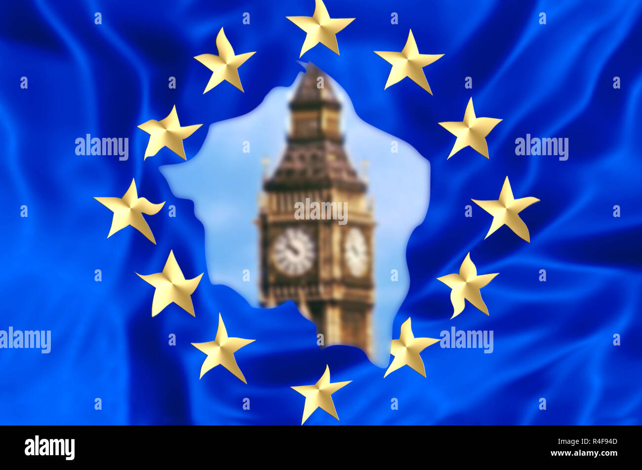 European flag broken by United Kingdom exit with blurred Big Ben tower of London, the house of a British parliament. The financial concept for Brexit and EU division. Stock Photo