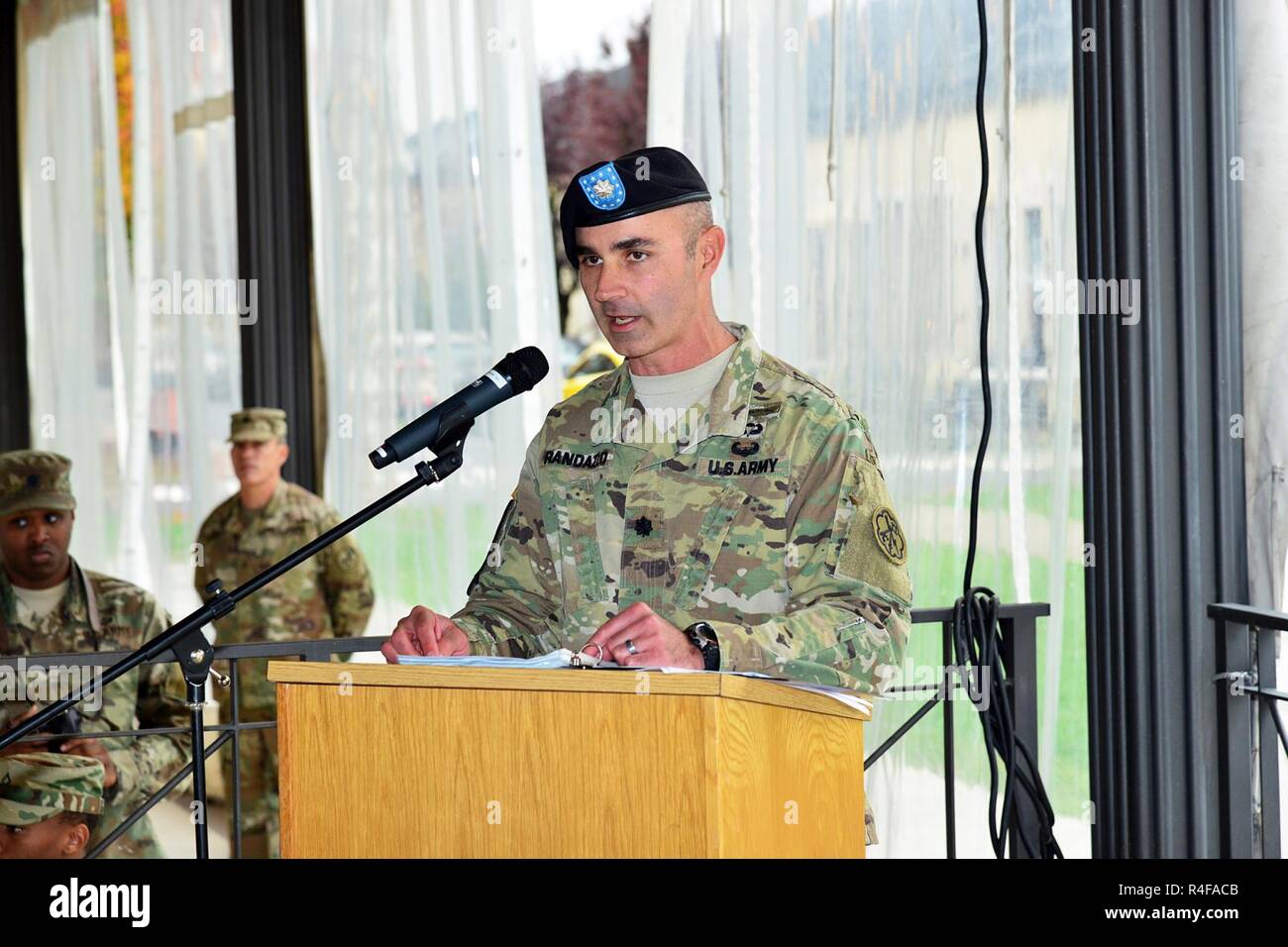 Lt. Col. Dylan Randazzo, 307th Military Intelligence Battalion commander, addresses attendees Oct 24, 2016, during a change of command ceremony for Bravo Company at Caserma Ederle in Vicenza, Italy. Stock Photo