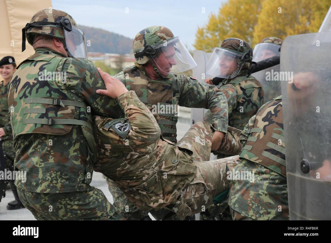 Albanian soldiers of 3rd Puma Company, 2nd Infantry Battalion conduct crowd  riot control training during a Kosovo Force (KFOR) mission rehearsal  exercise (MRE) at the Joint Multinational Readiness Center in Hohenfels,  Germany,