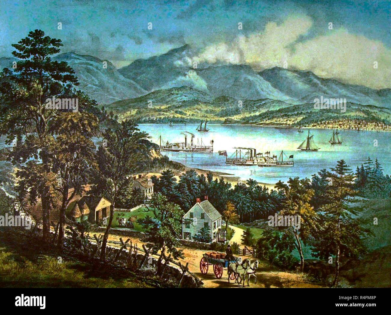 The Catskill Mountains from the Eastern shore of the Hudson - 1900 - colour lithograph. Author: Currier and Ives. Location: PRIVATE COLLECTION. Stock Photo