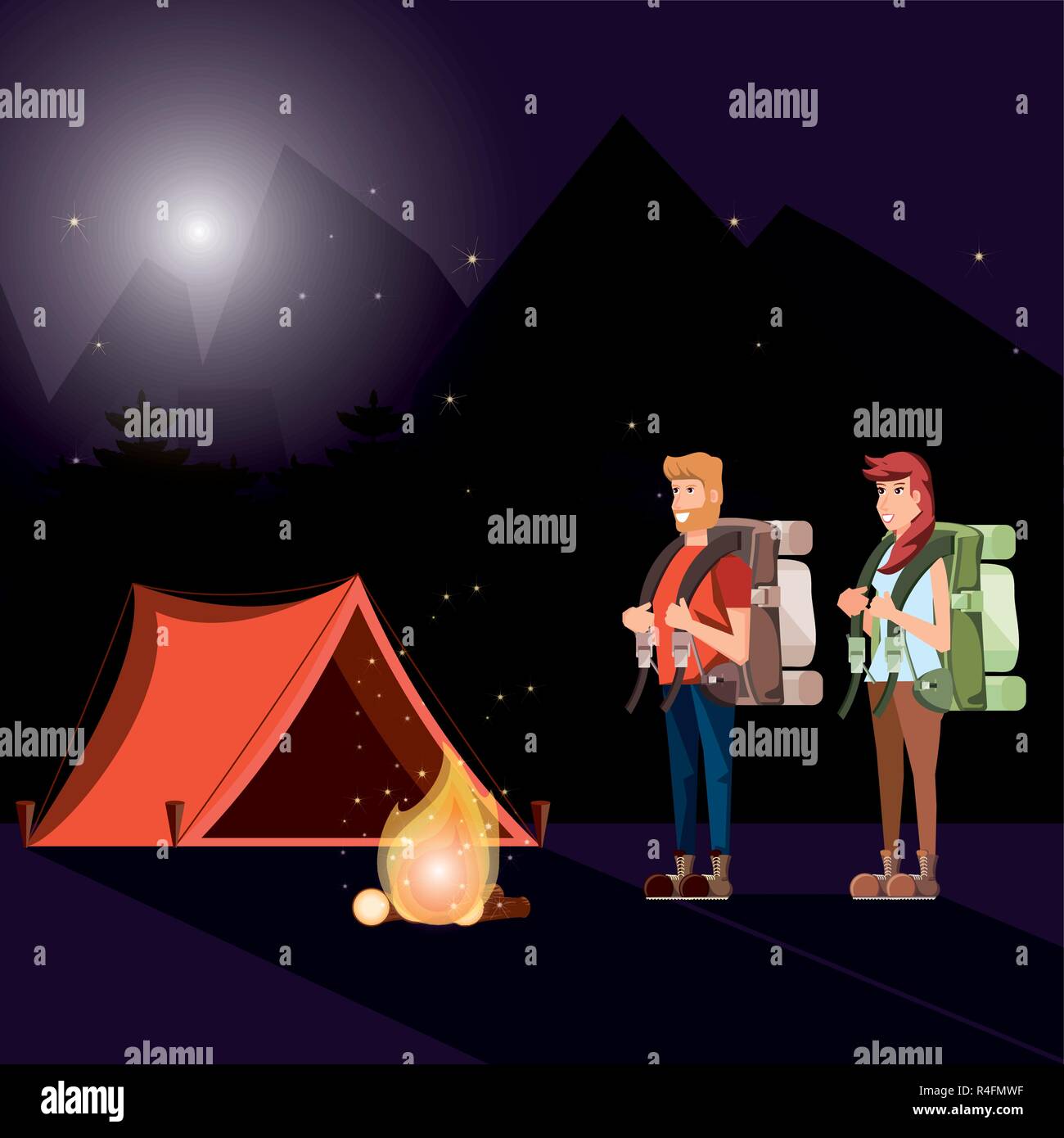 couple of tourists in zone camping and nightscape vector illustration design Stock Vector