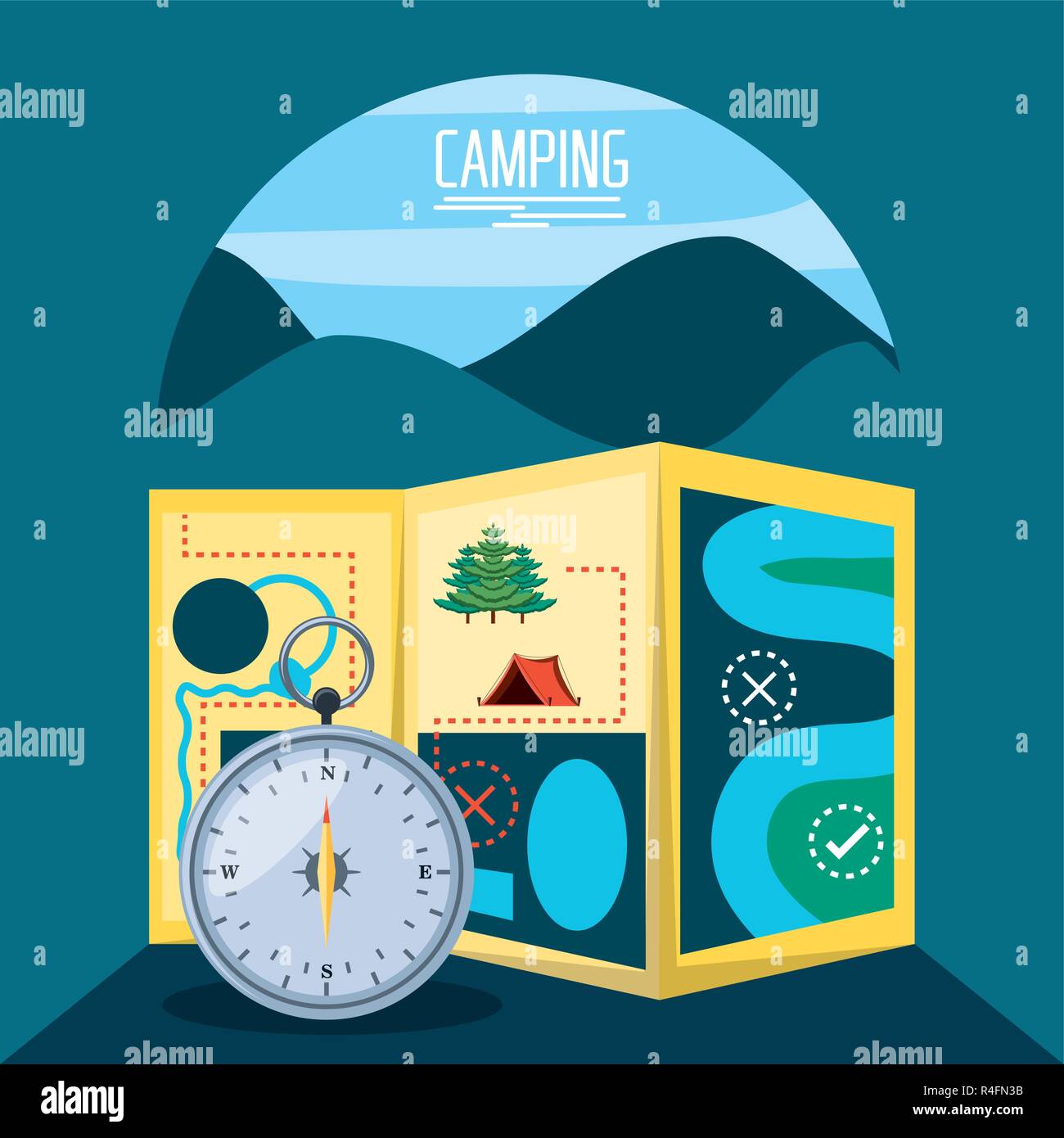 camping zone with map and compass vector illustration design Stock