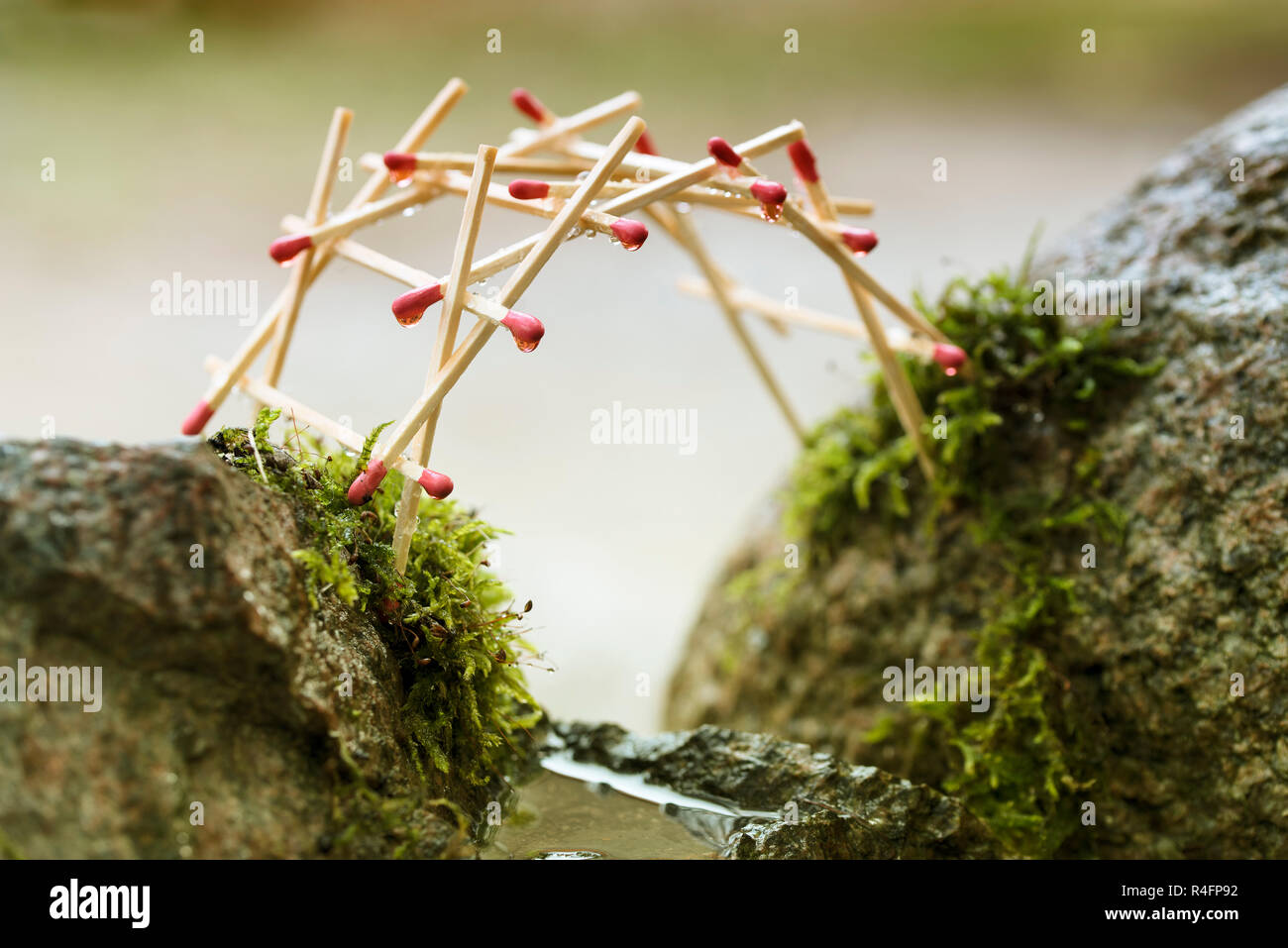 self-supporting bridge by leonardo da vinci built from matches over mossy rocks, selected focus, narrow depth of field Stock Photo