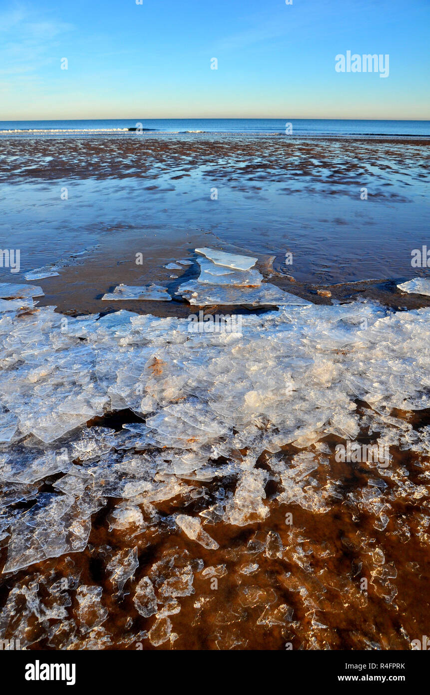 Frozen seawater on beach at tentsmuir fife, Scotland during cold winter. Stock Photo