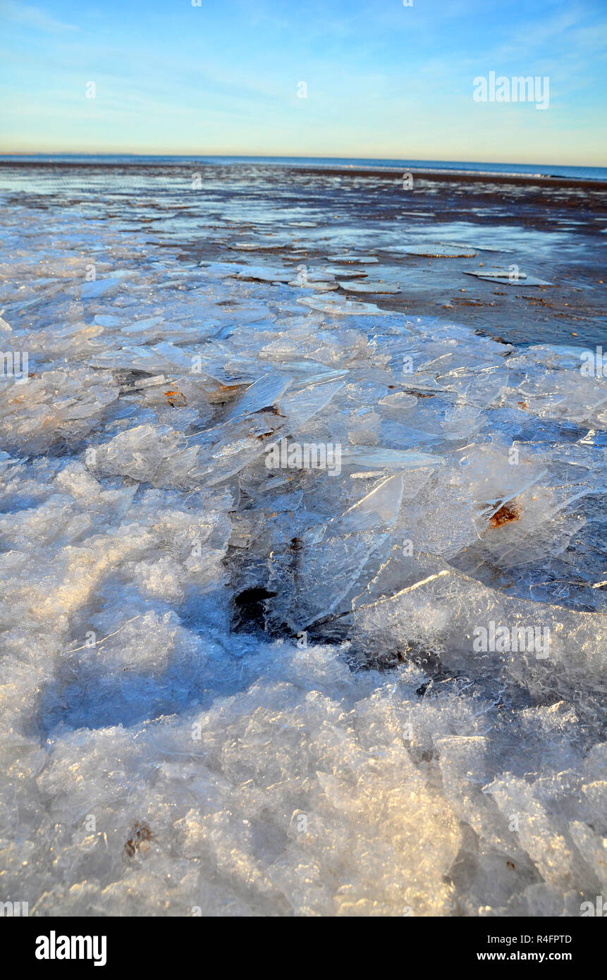Frozen seawater on beach at tentsmuir fife, Scotland during cold winter. Stock Photo