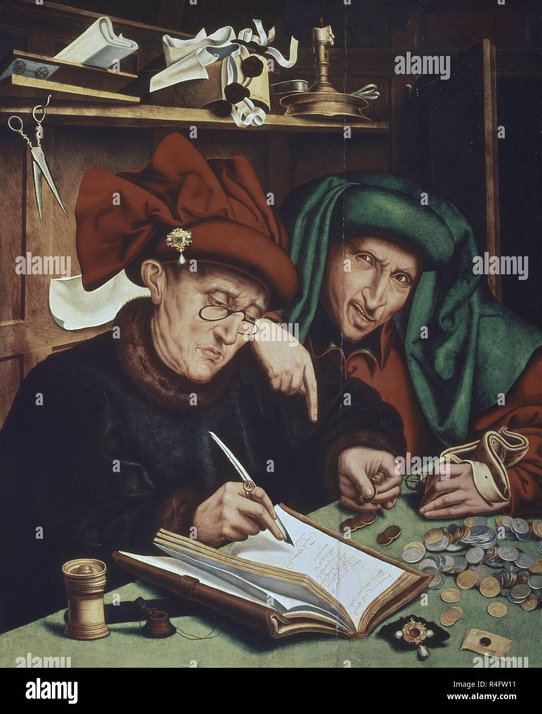 The Money Lenders - 16th century - oil on panel - Flemish Renaissance. Author: REYMERSWAELE, MARIANUS VAN. Location: PRIVATE COLLECTION. Stock Photo