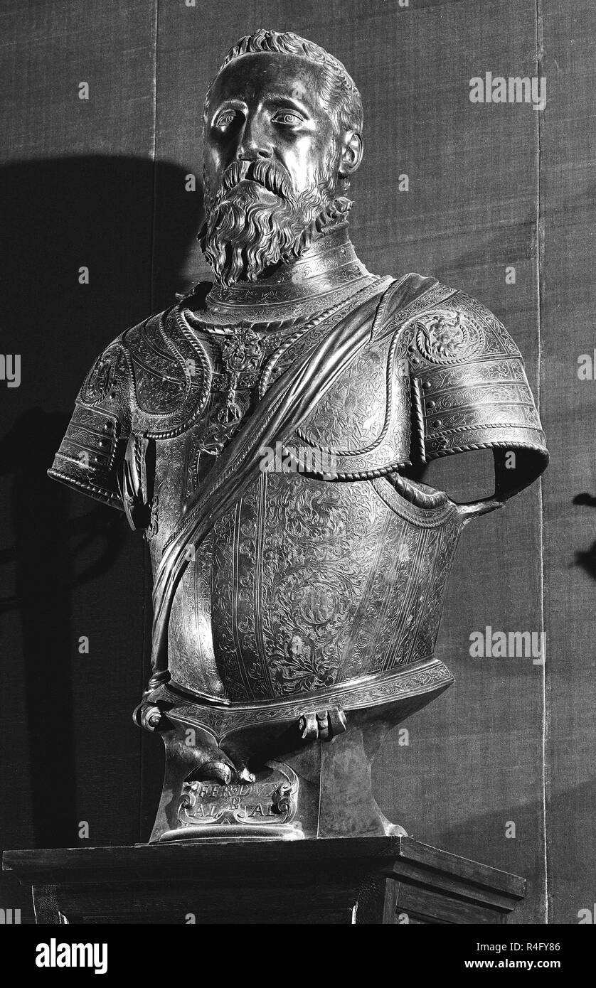 EL GRAN DUQUE DE ALBA - FERNANDO ALVAREZ DE TOLEDO -BUSTO DE BRONCE - SIGLO XVI - 94x75x40. Author: LEONI, LEONE. Location: PRIVATE COLLECTION. MADRID. SPAIN. Stock Photo