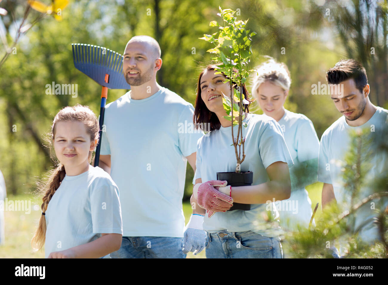 group of volunteers with trees and rake in park Stock Photo Alamy